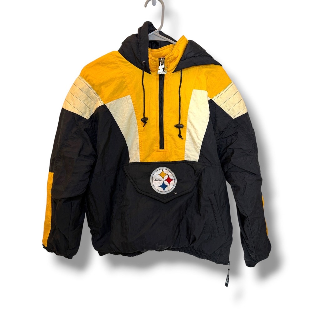 Vintage Starter Pittsburgh Steelers Jacket Mens M Black Yellow NFL Puffer Anorak